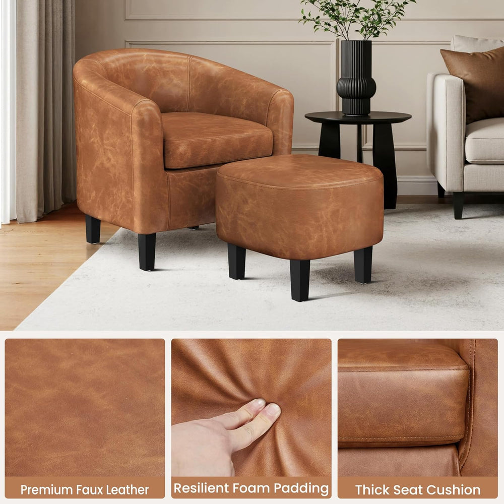Yaheetech Accent Chairs with Ottoman, Faux Leather Barrel Chairs, Brown