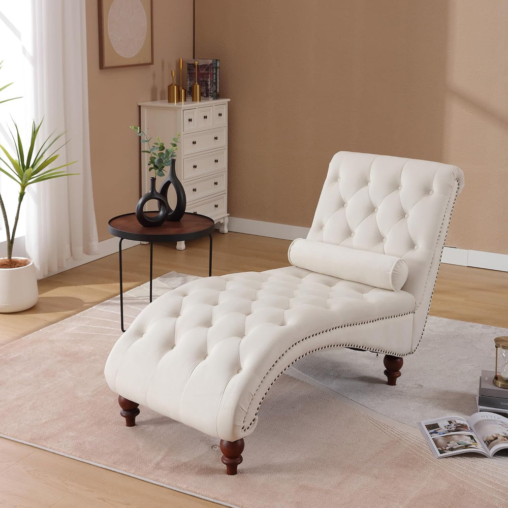 Button-Tufted Chaise Lounge Indoor, Velvet Chaise Lounge Chair with Legs &...