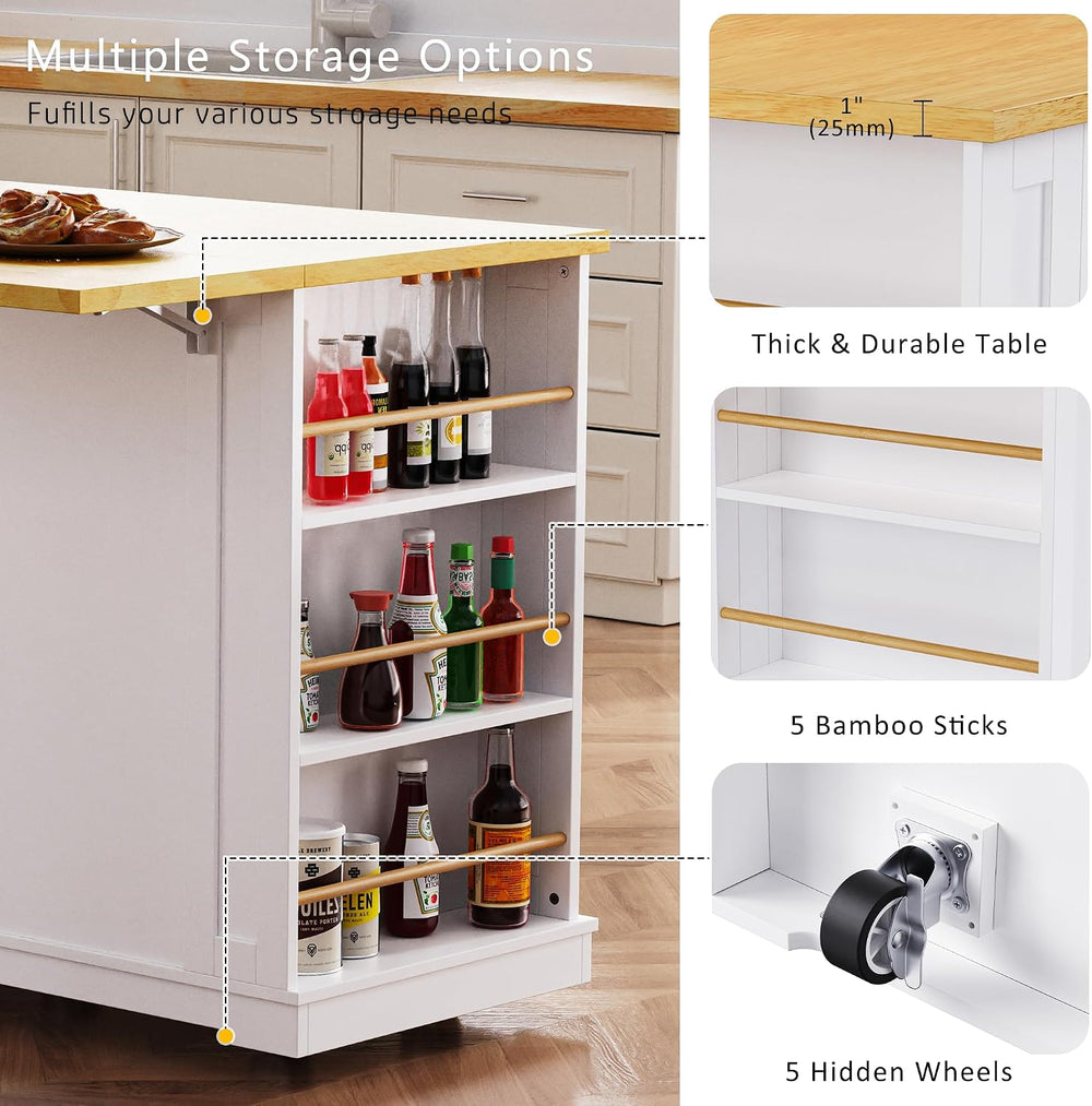 Rolling Kitchen Island with Drop Leaf & Power Outlet, Large Kitchen Islan...