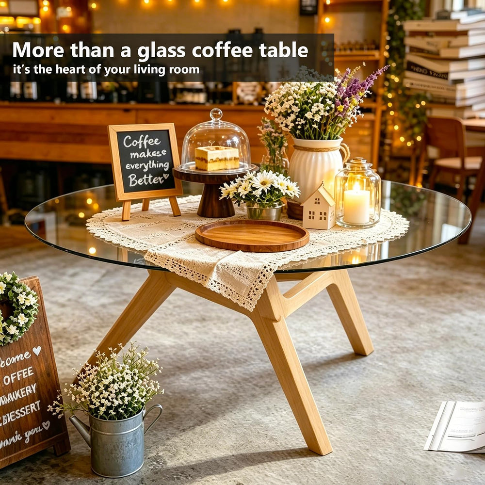 Vlsrka Round Glass Coffee Table, Boho Soild Wood Base, 31.5" W, Wood