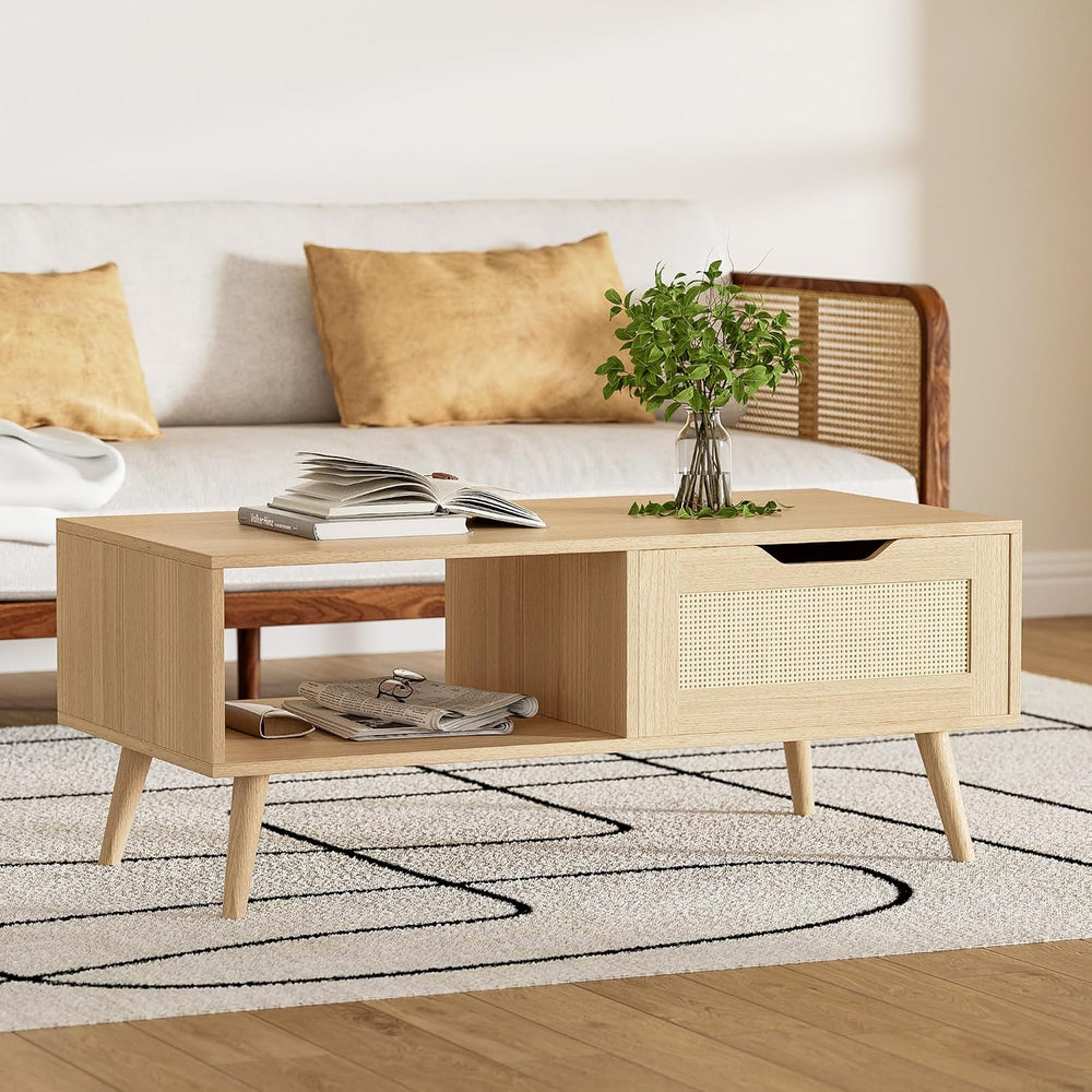 DIYART Oak Rattan Coffee Table, Mid Century Modern with Drawer & Shelf, 3...