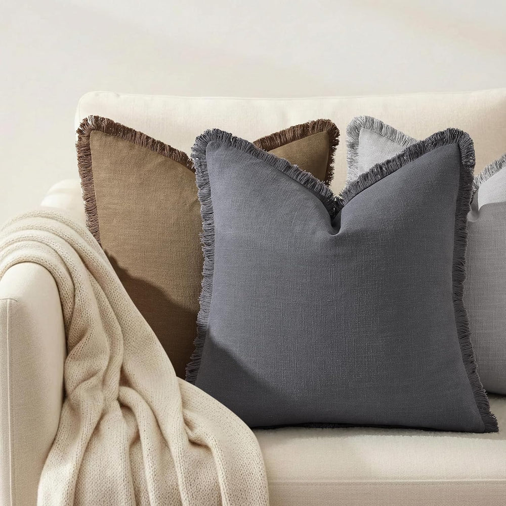 decorUhome Linen Fringe Dark Grey Throw Pillow Covers 18x18 Set of 2