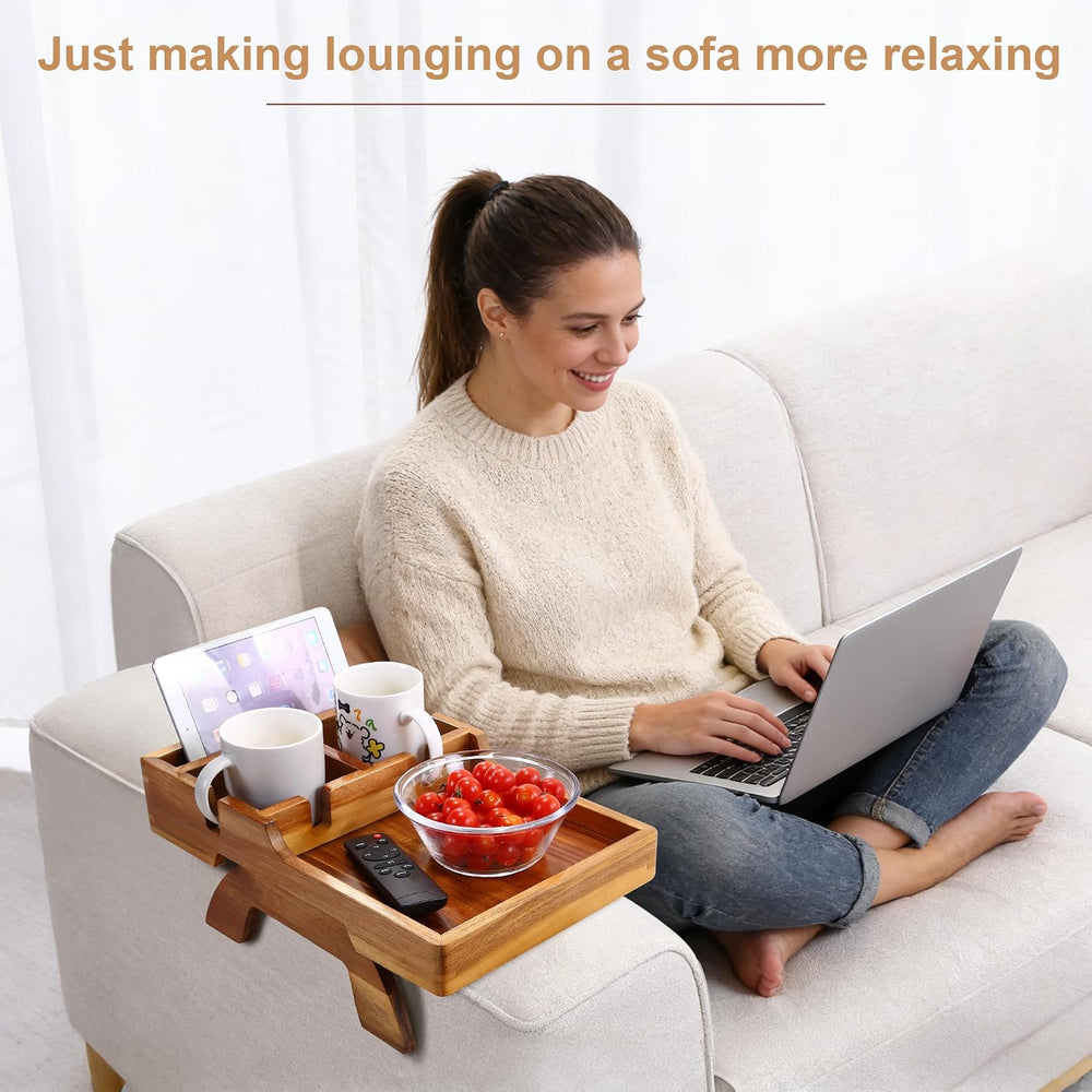 Acacia Wood Couch Armrest Table with 2 Cup Holders & Remote Slot 15.4&quo...