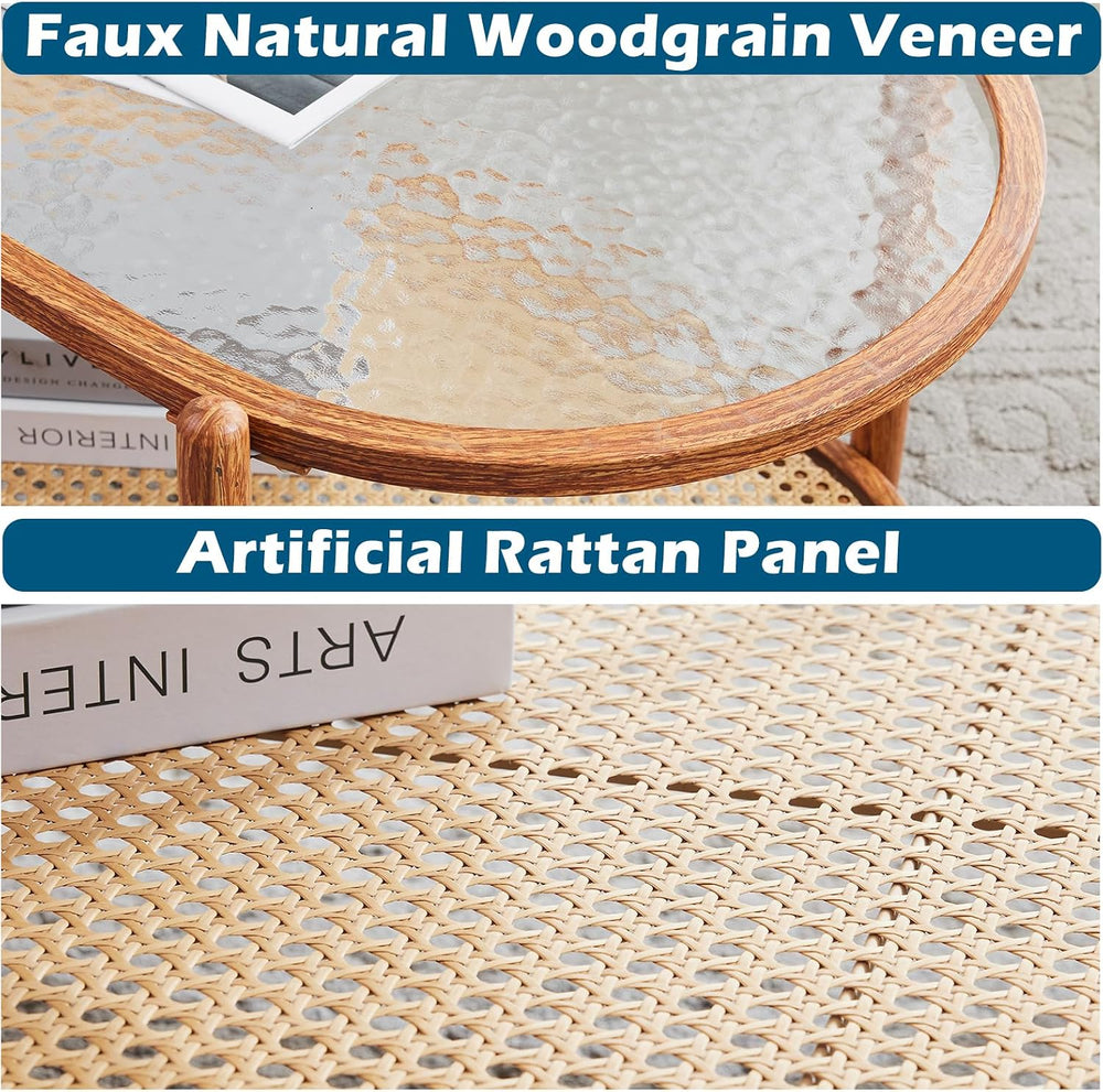 VINGLI 38" Oval Glass Coffee Table, Rattan Coffee Table, Natural Vibe