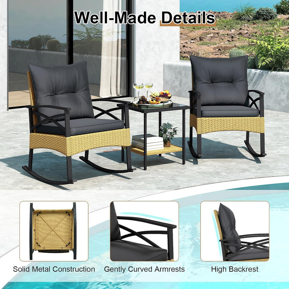 RELAX4LIFE 3-Piece Rattan Patio Rocking Chair Set, 2 Wicker Glider Rocking Ch...