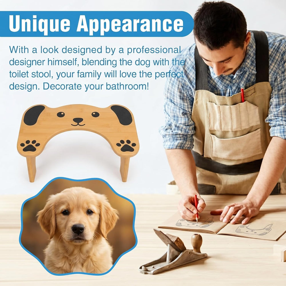 Foldable 7-Inch Bamboo Toilet Stool for Adults, Dog Design