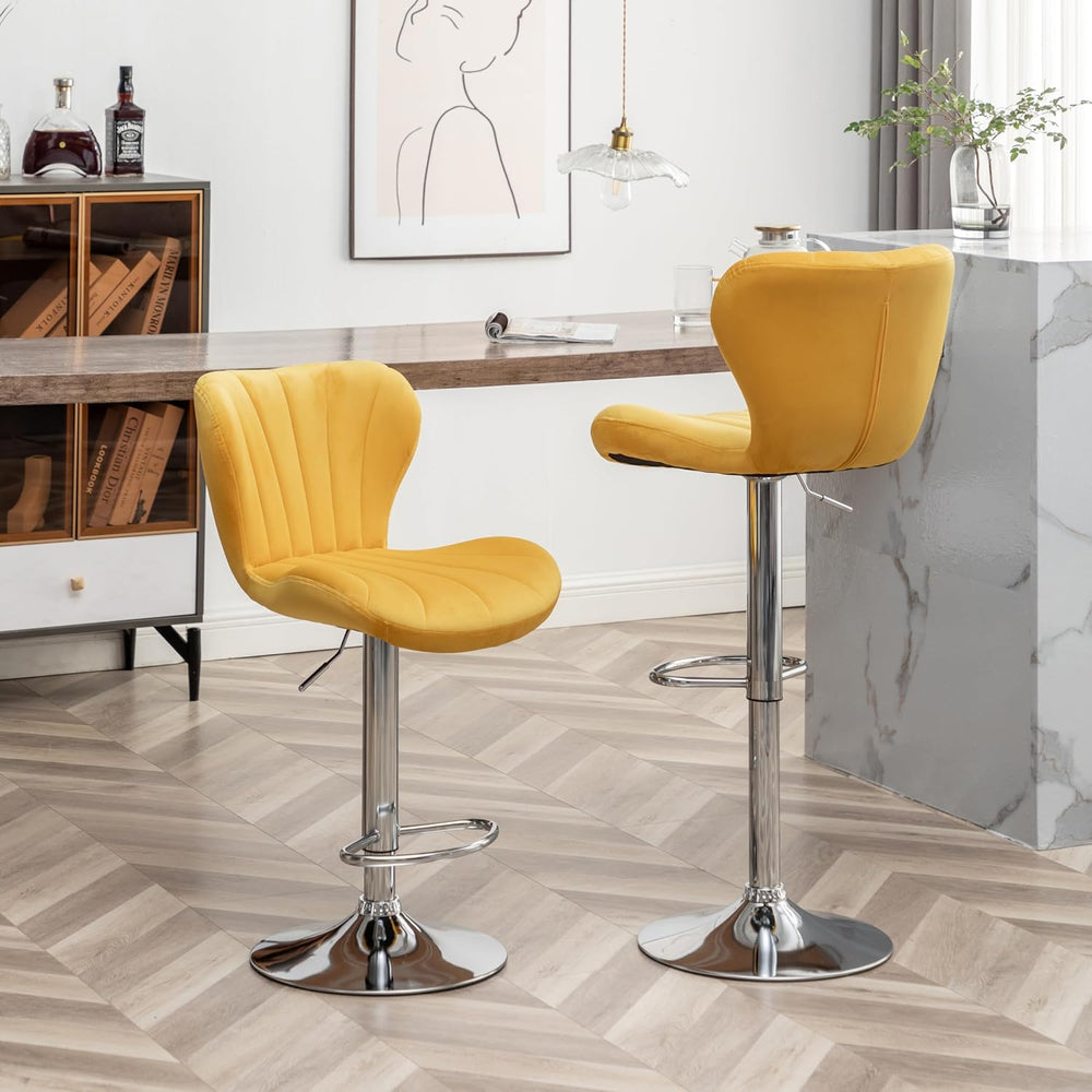 Roundhill Furniture Ellston Velvet Adjustable Swivel Barstools in Yellow, Set...