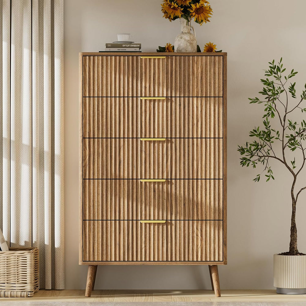 LYNSOM Fluted 5 Drawers Dresser, 45" Tall Modern Chest of Drawers with C...