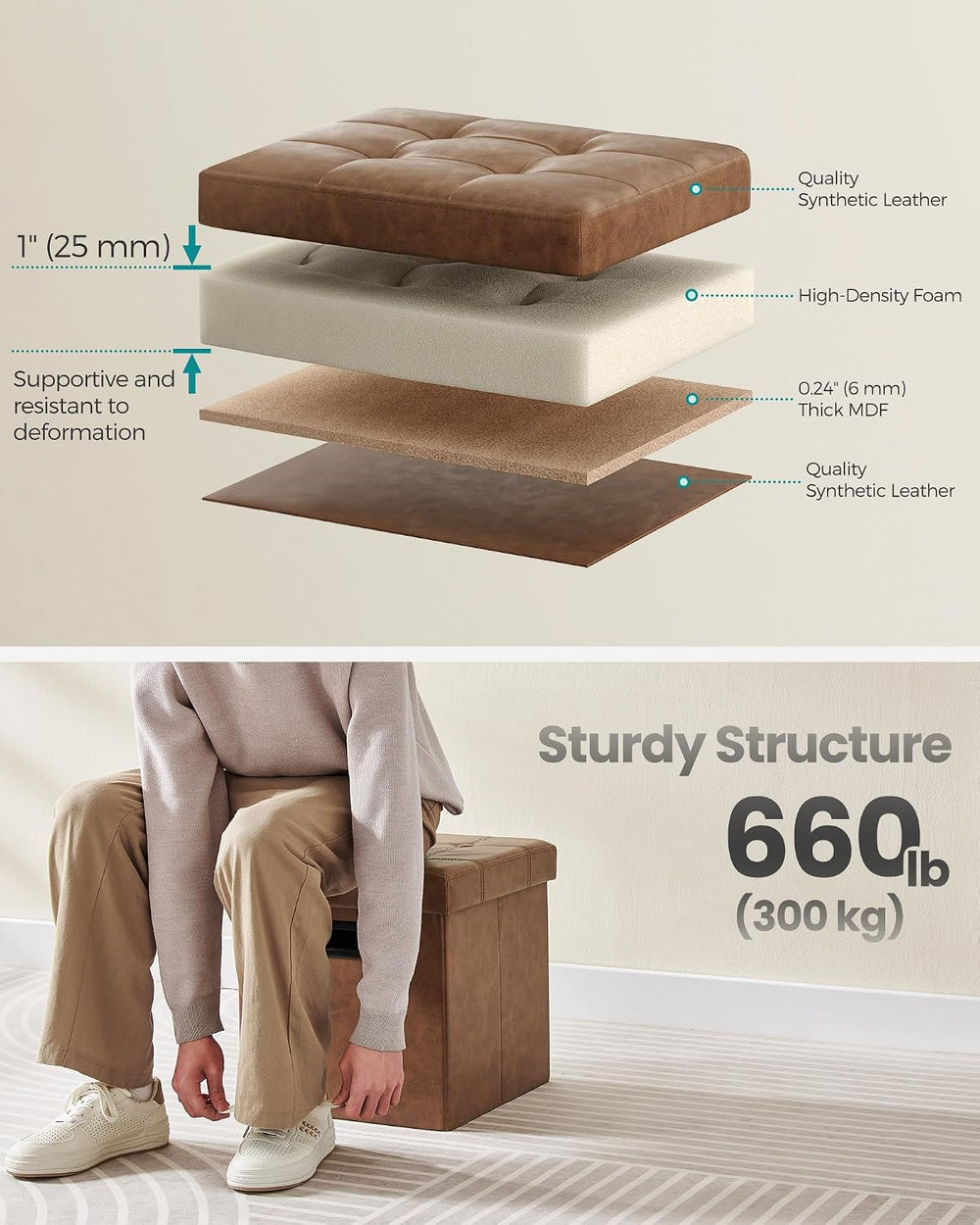 SONGMICS 15 Inches Folding Storage Ottoman, Cube Footrest