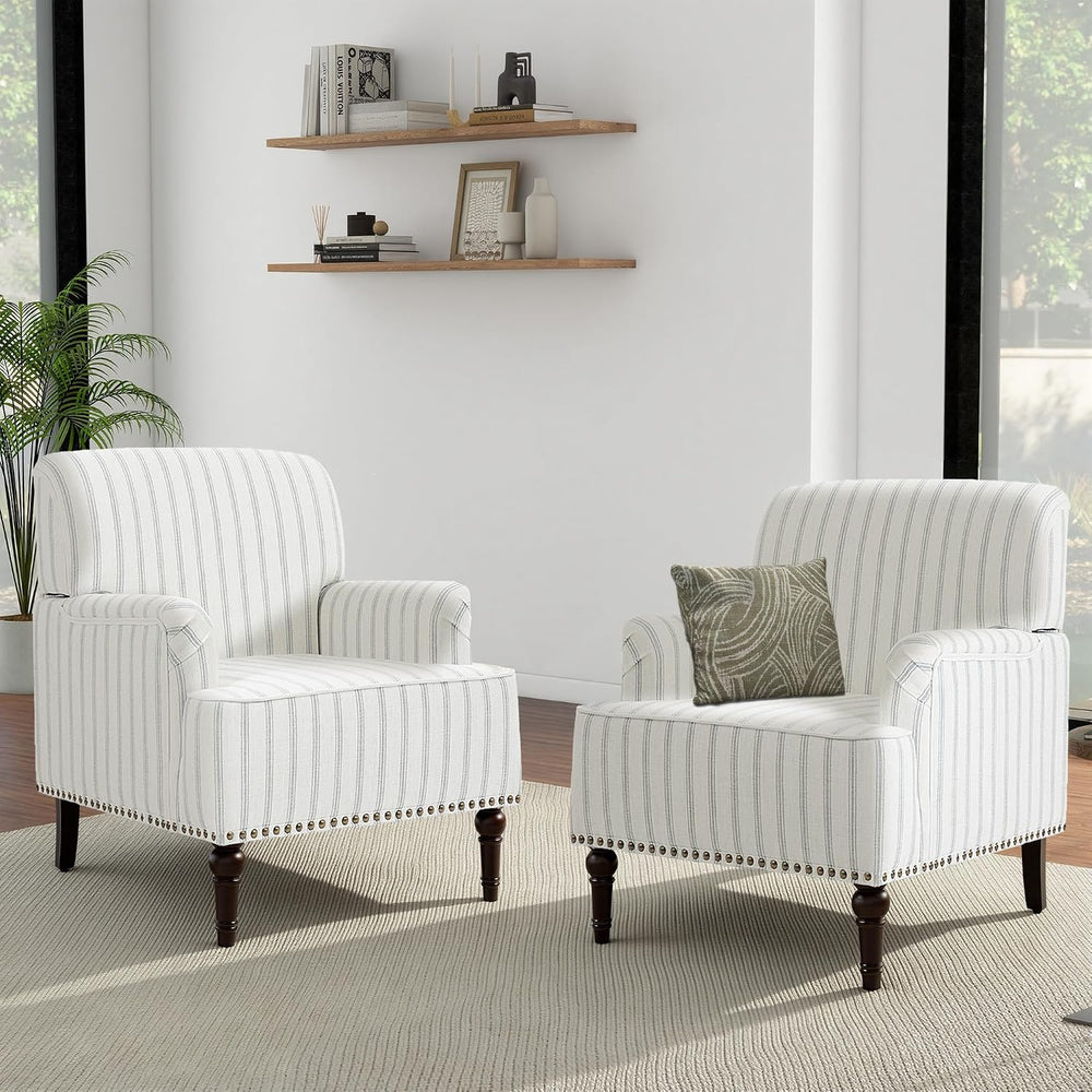 Pinstripe Accent Chairs Set of 2, Fabric Armchair, Light Blue