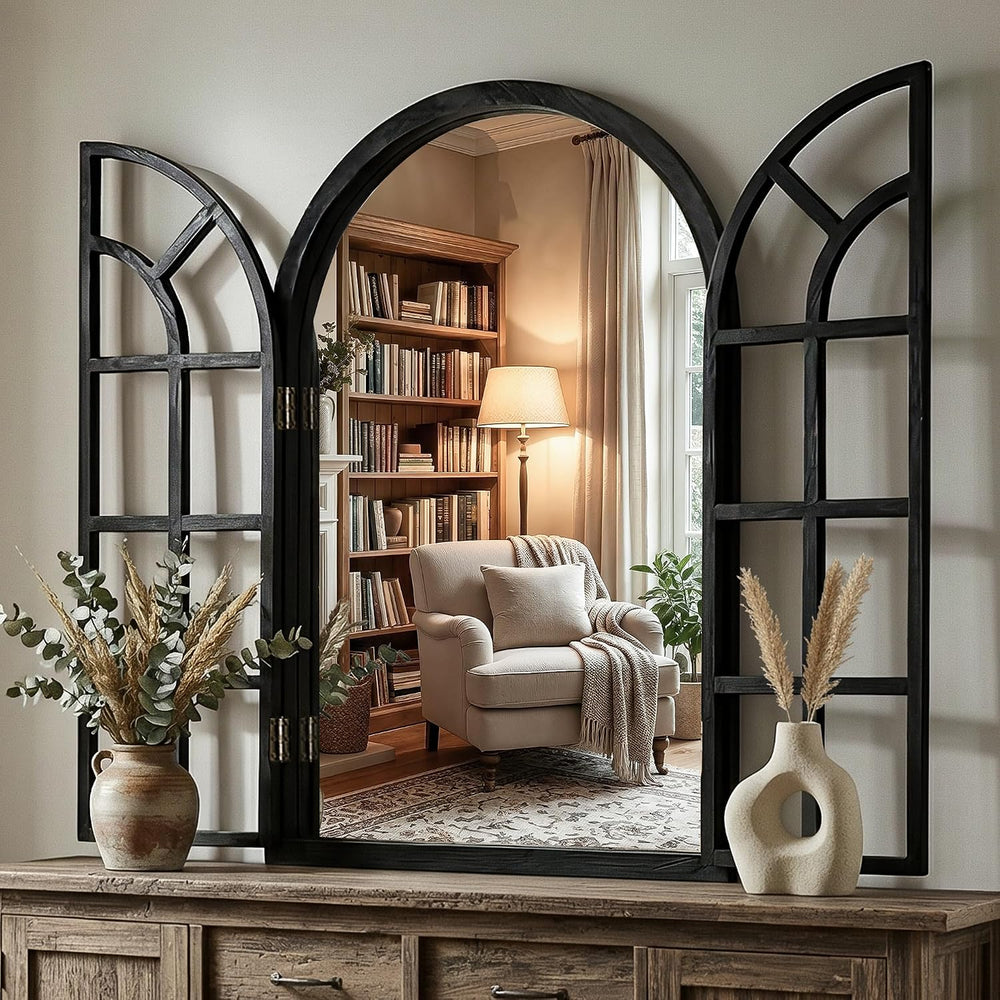 Arched Rustic Farmhouse Wood Mirror for Wall, 24" x 36", Black