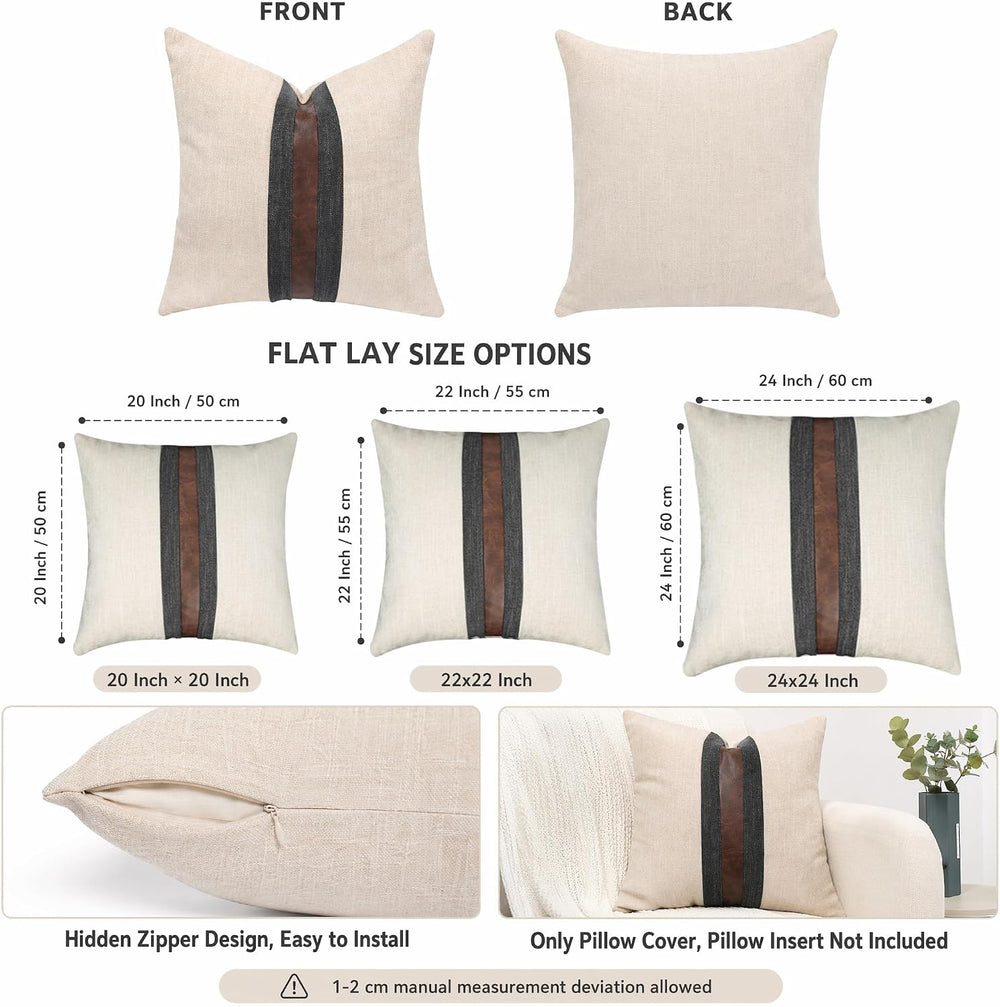 Set of 2 Leather Throw Pillow Covers Cotton Linen Decor Patchwork Pillow Cove...