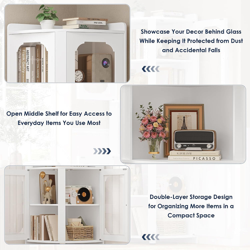 69" Tall Corner Storage Cabinet, 5-Tier Corner Hutch with Glass Doors,White