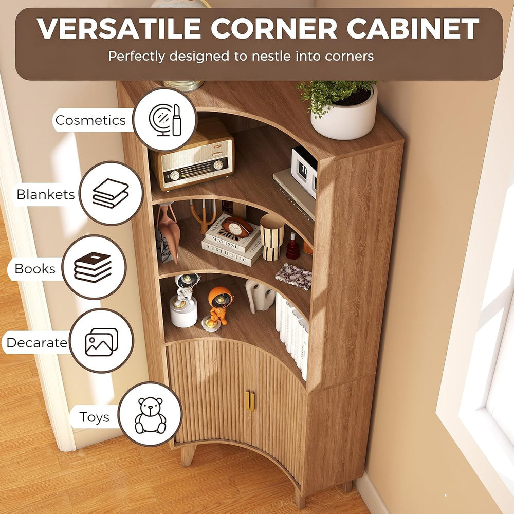 Tall Fluted Corner Cabinet with Sliding Doors,Storage Cabinet,corner shelf
