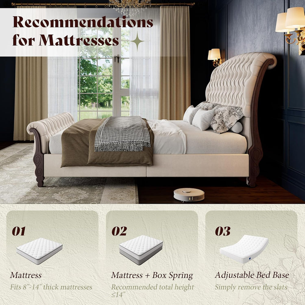 AMERLIFE King Sleigh Bed Frame, Upholstered Tufted Headboard, Cream