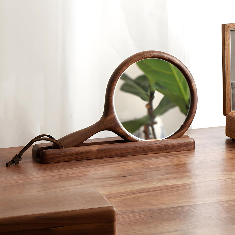 Solid Black Walnut Hand Mirrors, Wooden Handheld Mirrors with Stand, Makeup