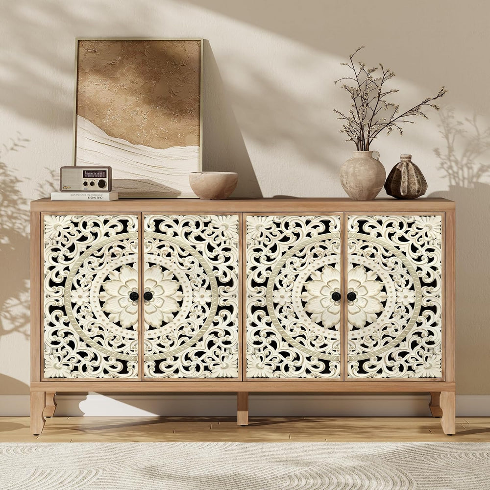 Buffet Cabinet with Storage, 4 Carved Doors, Natural&White