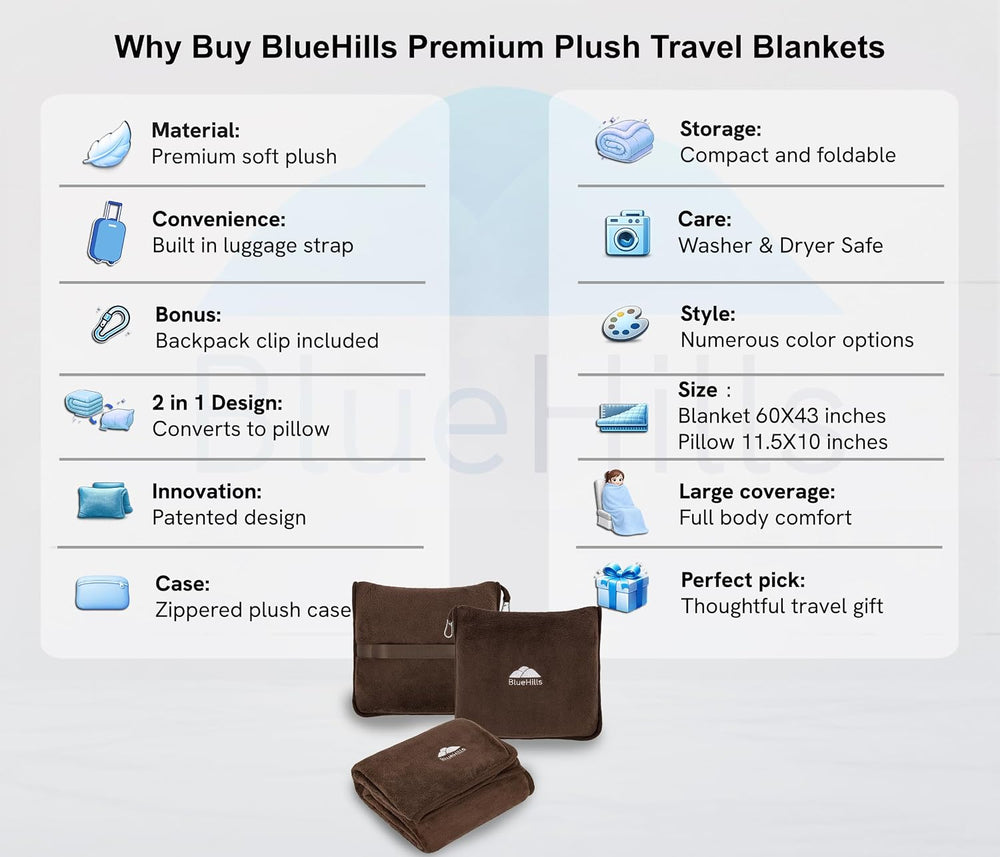 BlueHills Premium Soft Travel Blanket Pillow Air Plane Essentials - Brown