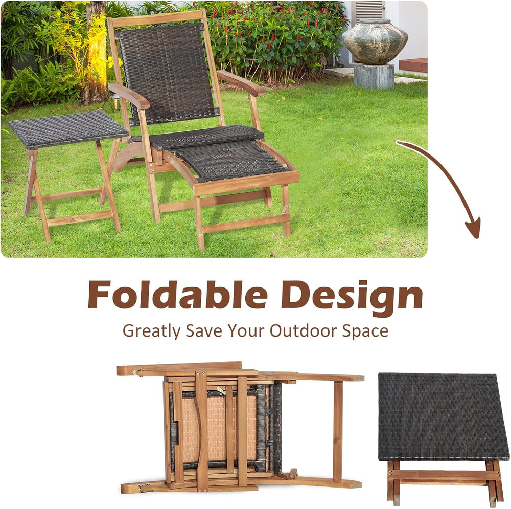 Tangkula Patio Lounge Chair and Side Table Set of 2, Acacia Wood Wicker Foldi...