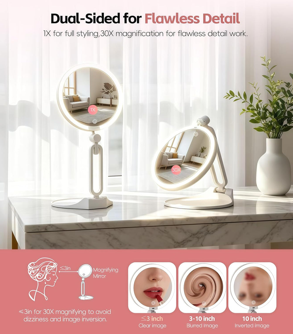 Travel Makeup Mirror with Lights 2026 New, 1X/30X Magnification Dual-Sided