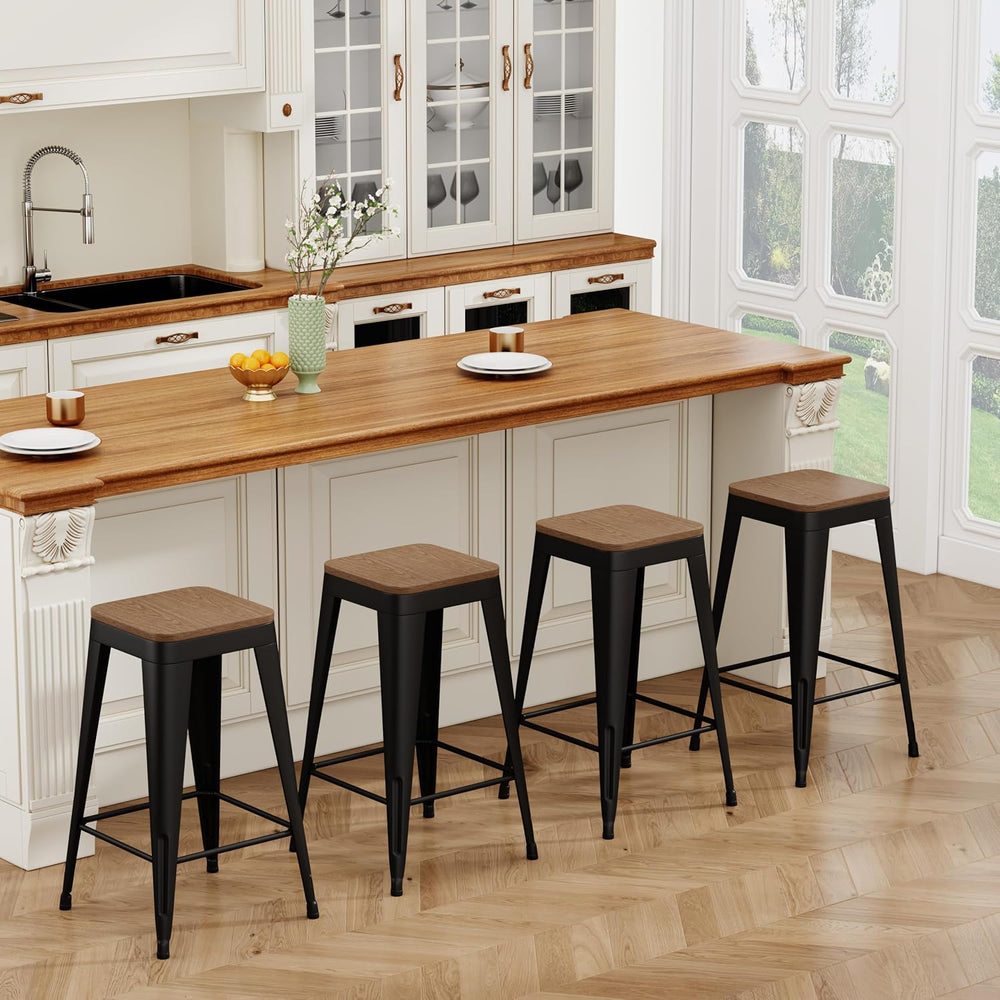 24" Metal Bar Stools Set of 4 Black Counter Height Stools with Wood Seat...