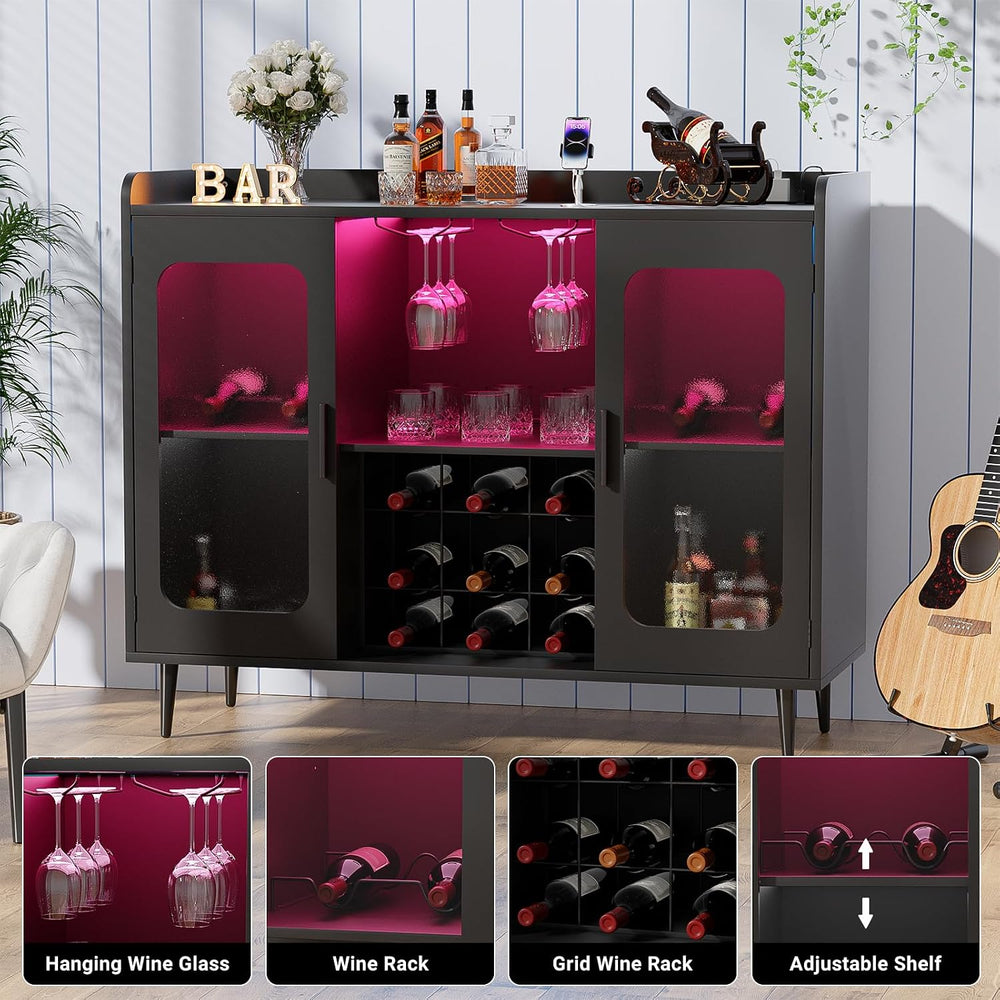 Coffee Bar Cabinet with Power Outlets and LED Light, Black