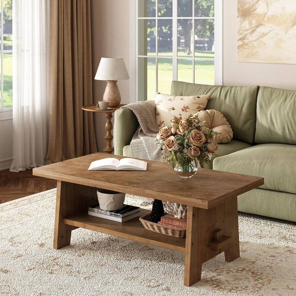 Farmhouse Wood Coffee Table, 43.4" Center Table, Solid Wood Tabletop