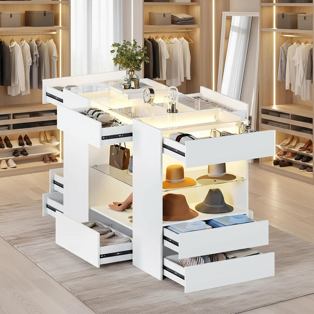Kikihouse Modern Closet Island with 10 Drawers with LED (White)