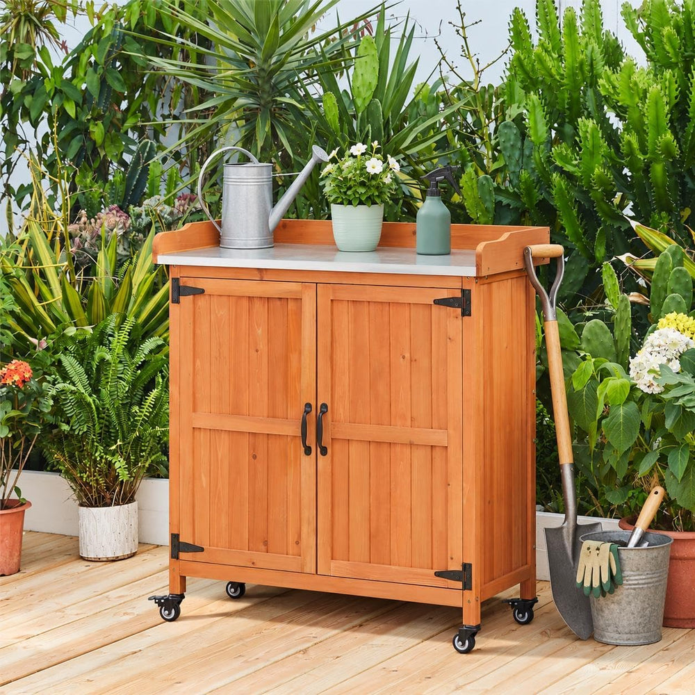 Yaheetech Rolling Potting Bench Outdoor Storage Cabinet, Metal Top, Brown