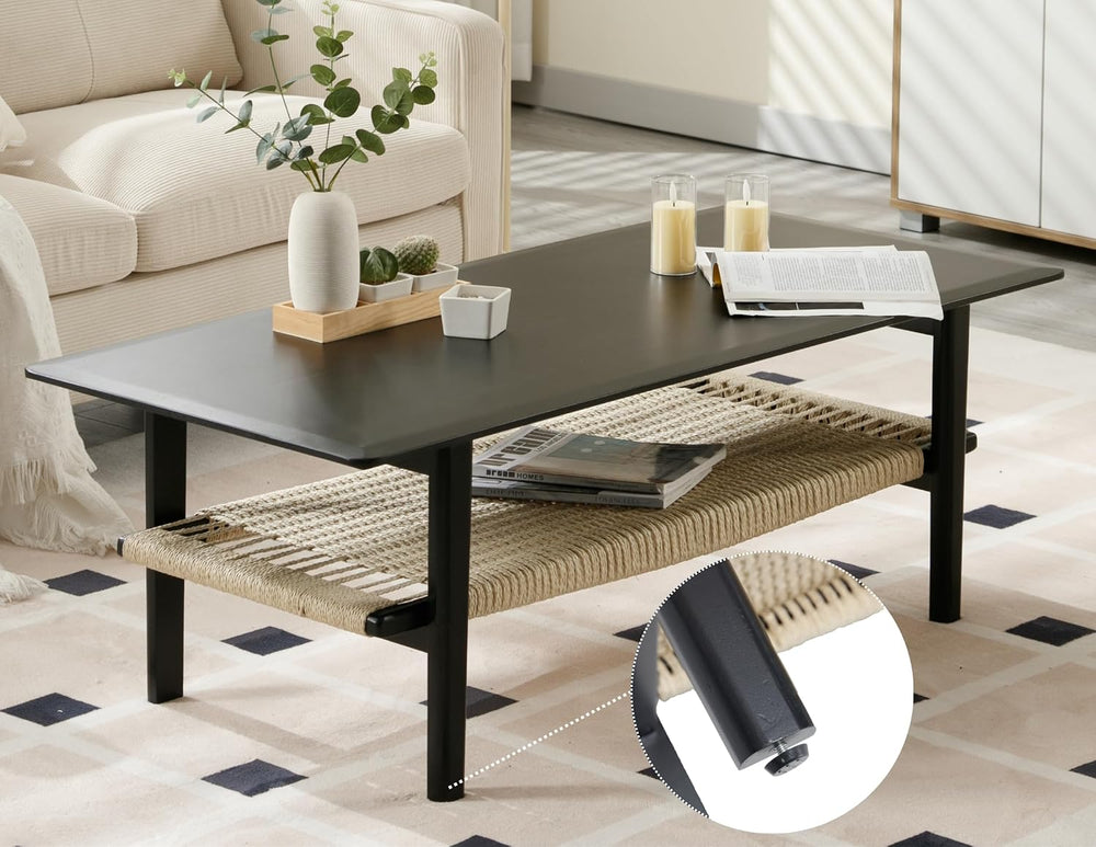 2-Tier Rattan Coffee Table, 47" Rectangle Wood Center Table, Black