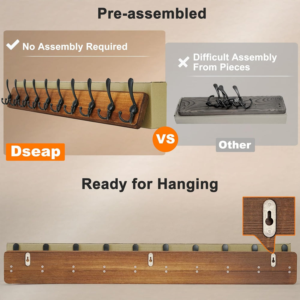Dseap Coat Rack Wall - Heavy-Duty 38-1/4" Long, with Reinforced 10 Custo...