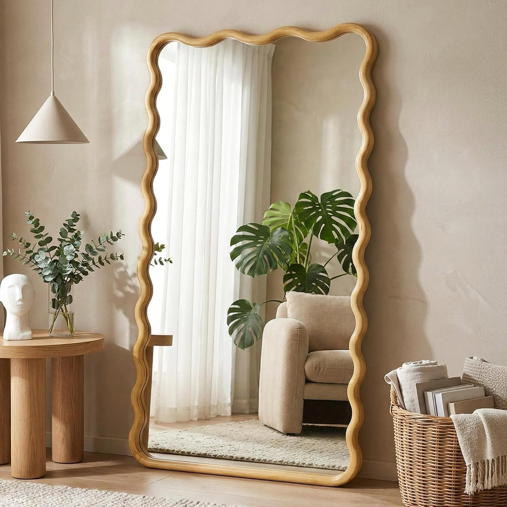 TRAHOME Wavy Wood Full Length Mirror, 55"x28" Boho Floor Mirror for...