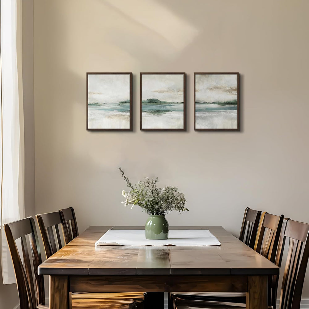 Abstract Wall Art Set of 3, Neutral Coastal Wall Decor, Blue Green Landscape ...