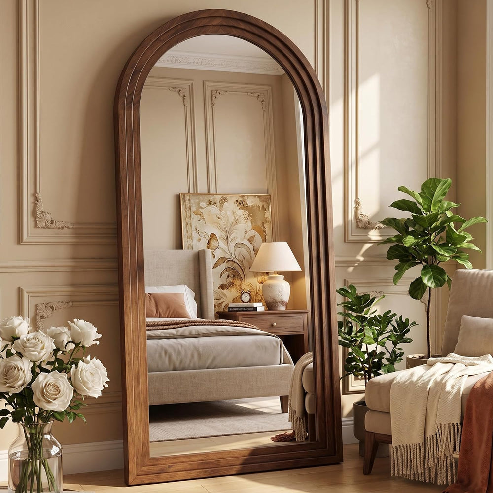 76"x34" Arched Full Length Mirror, Large Wood Floor Mirror, Walnut