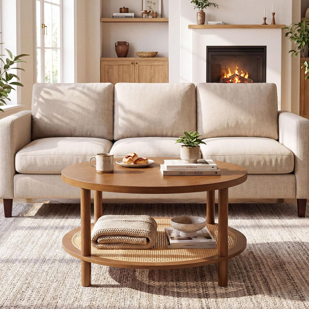 GIANTEX Rattan Coffee Table, 31.5" Round Center Table with Storage &...
