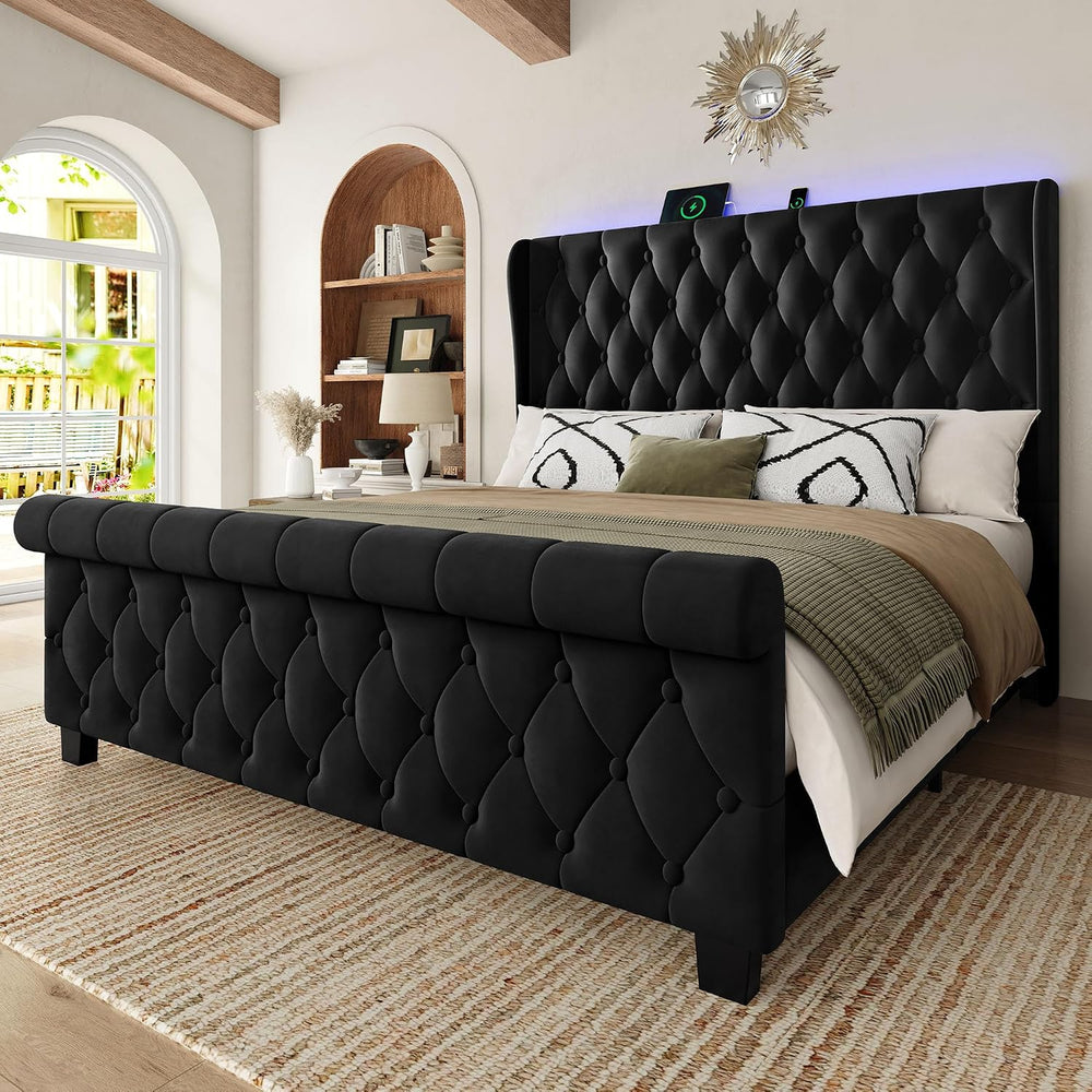 King Size Bed Frame with Headboard, Upholstered Bed Frame, Balck
