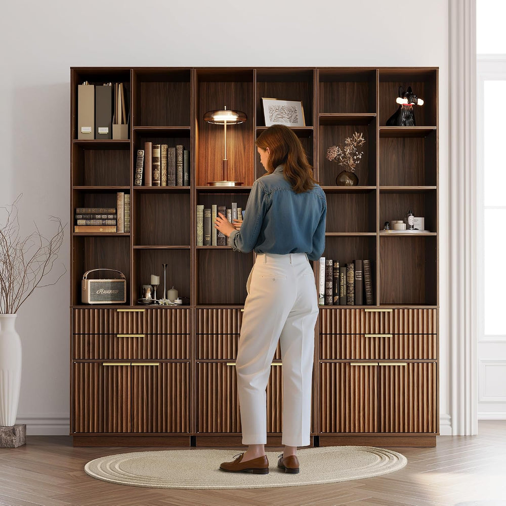 73'' Fluted Bookshelf with Doors and 2 Drawers, Black Walnut