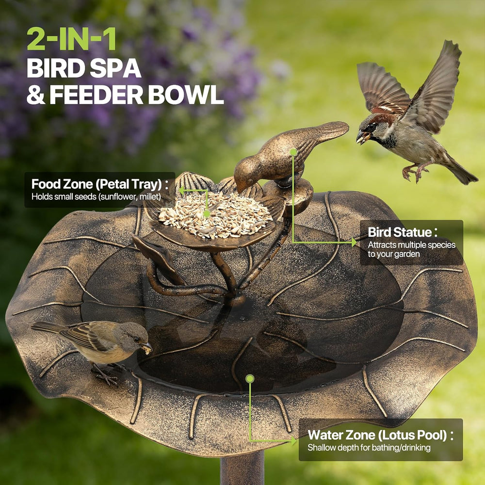 Magshion Bird Bath for Outside w/ Small Feeder Bowl, 35" Tall, Bronze