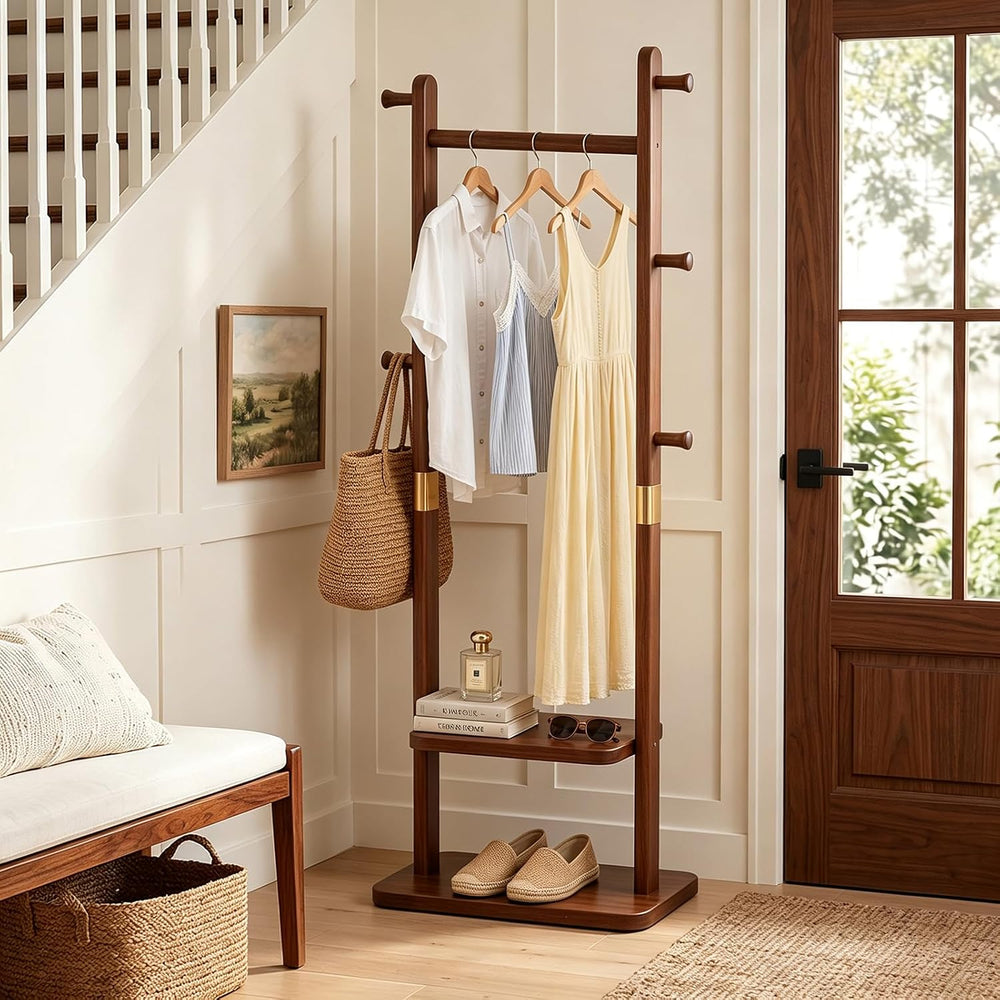 Taitiy Solid Wood Coat Rack, Freestanding Clothing Rack with 2 Shelves Storag...