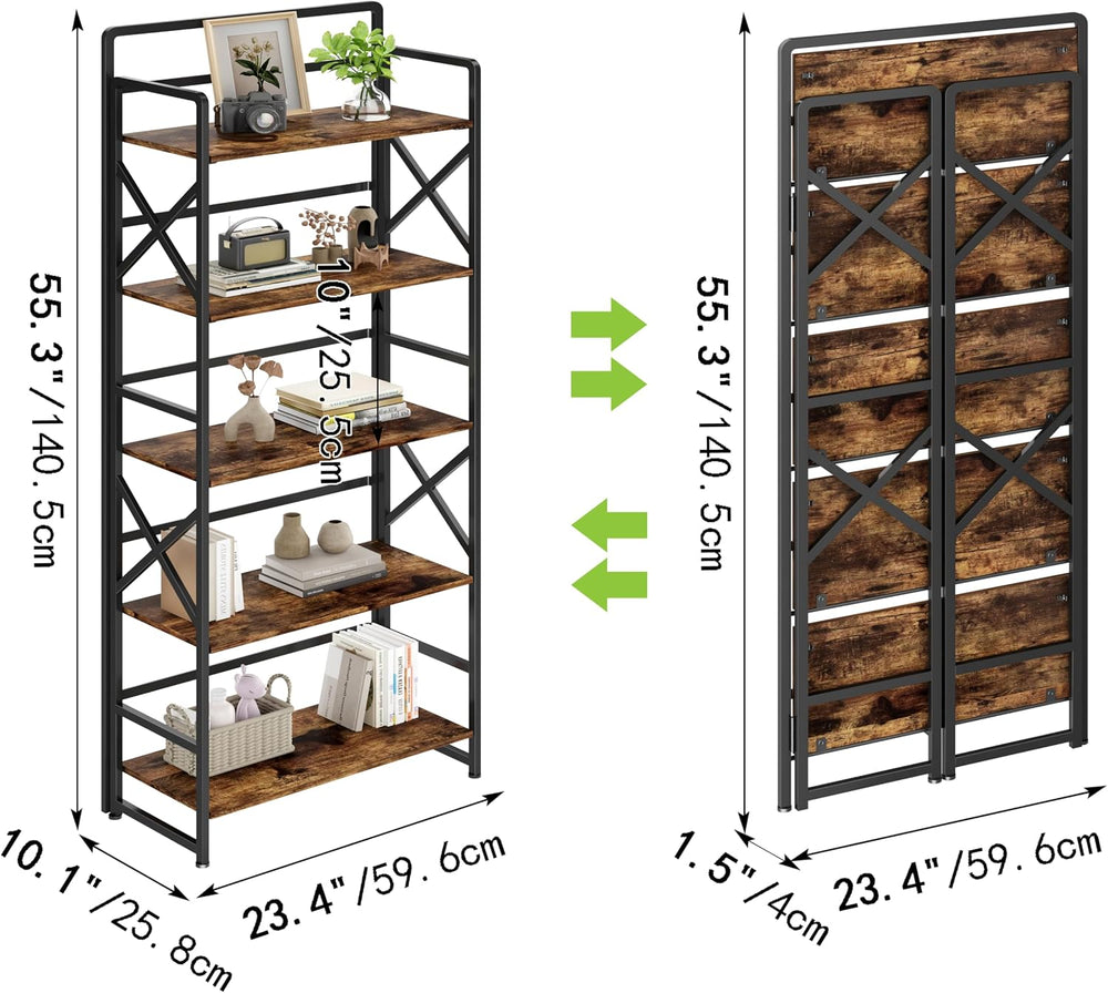 Folding Bookshelf 5 Tiers,No Assembly,55.3''H Metal Storage,Rustic Brown