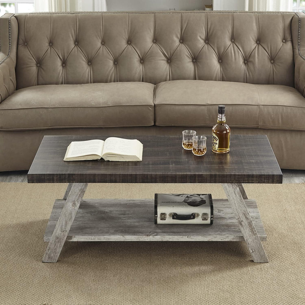 Roundhill Furniture Athens Contemporary Wood Shelf Coffee Table, Weathered Wa...