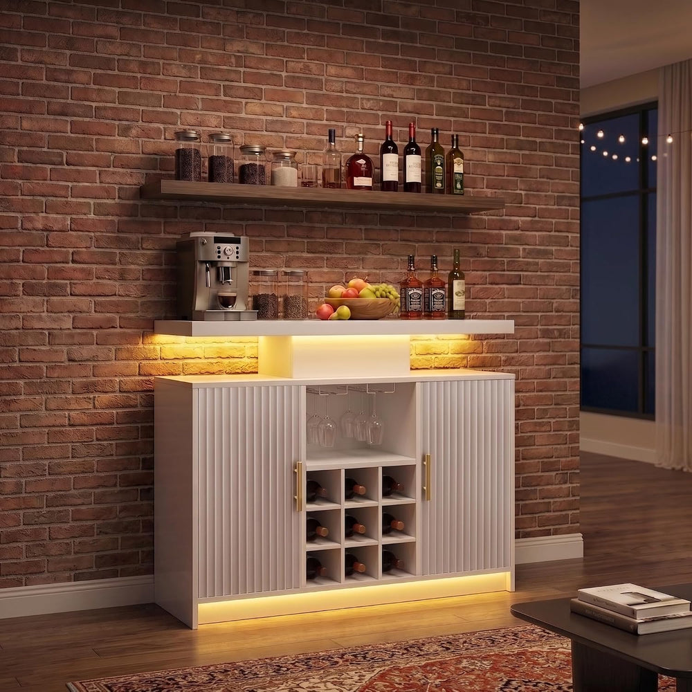 DreamDashio White Wine Cabinet, Fluted Coffee Bar with LED & Outlets