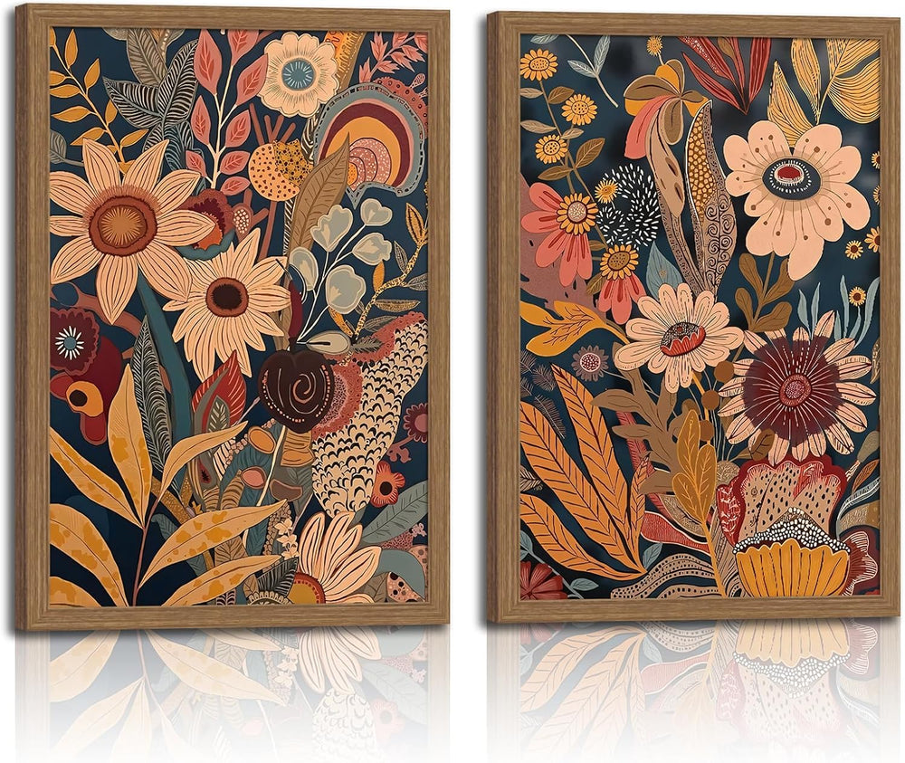 2pcs Orange Flower Framed Canvas Wall Art Set Rural Bohemian Natural Style Ca...