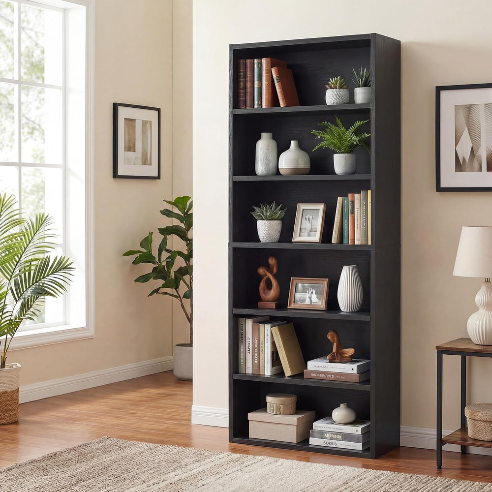 Black Tall Bookshelf with Adjustable Shelf, 6 Tier Display Storage Shelves