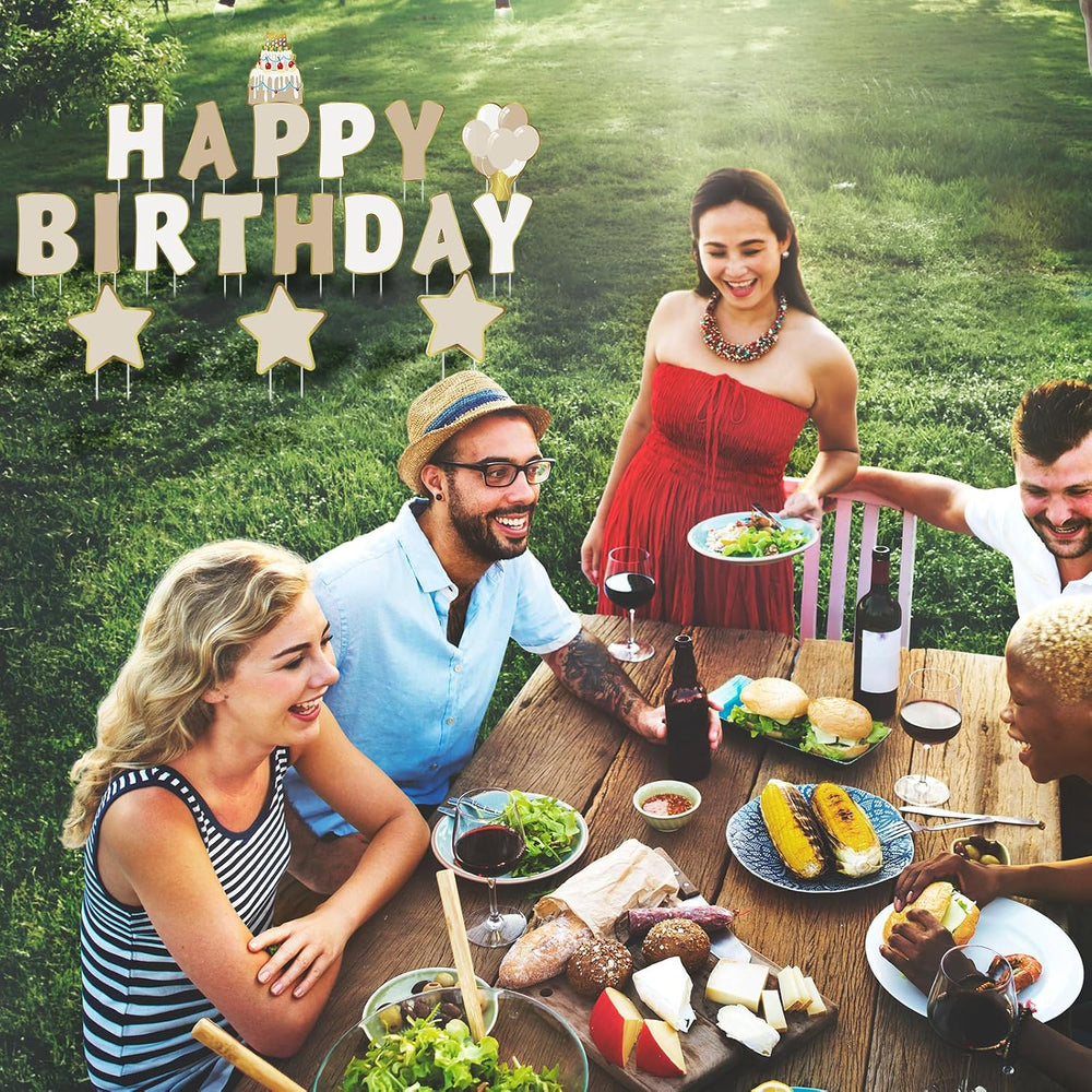 Jetec 18 Pcs Happy Birthday Yard Sign with Stakes and Light, Beige