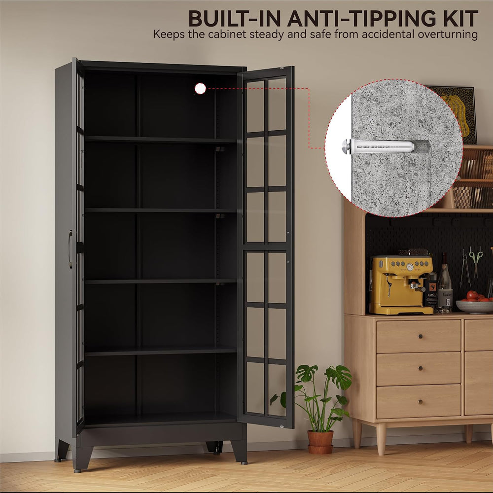 COFaR 71" Black Metal Pantry Cabinet with Glass Doors for Living Room