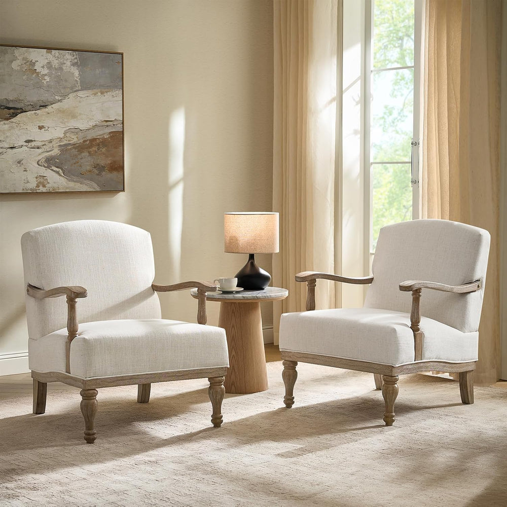 HULALA HOME Farmhouse Accent Chair Set of 2 Solid Wood Frame, Ivory