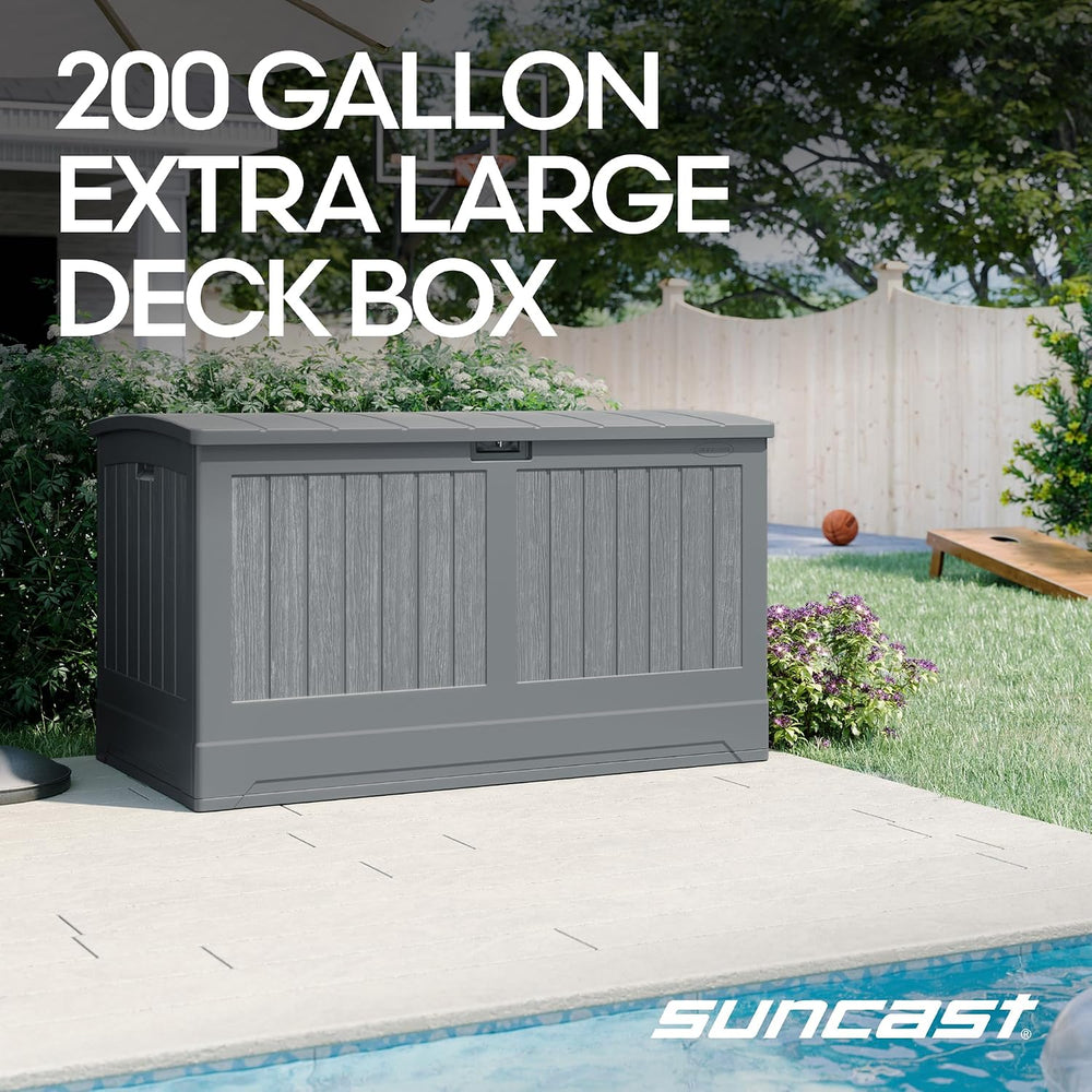 Suncast XL Deck Box, 200 Gal, All Weather, Pad-Lockable Lid, Dove Gray