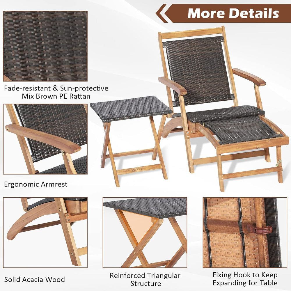Tangkula Patio Lounge Chair and Side Table Set of 2, Acacia Wood Wicker Foldi...