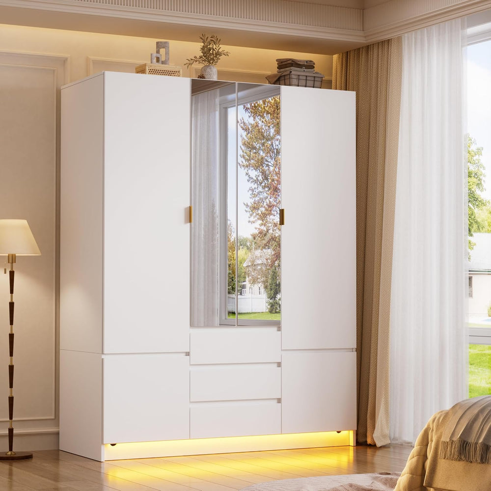 PAKASEPT 4 Doors Armoire Wardrobe Closet with Led Light & Mirror, Bedroom...